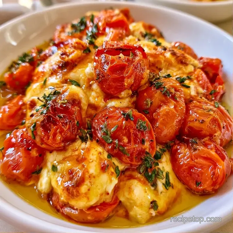 A rustic ceramic pan of melted white cheese surrounded by burst red tomatoes and fresh green basil leaves.