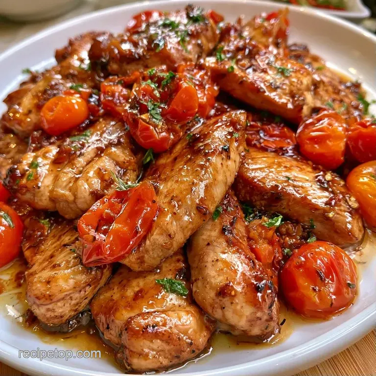 Golden seared chicken fillets on a white plate with burst red tomatoes, dark glaze, and a sprig of fresh parsley.