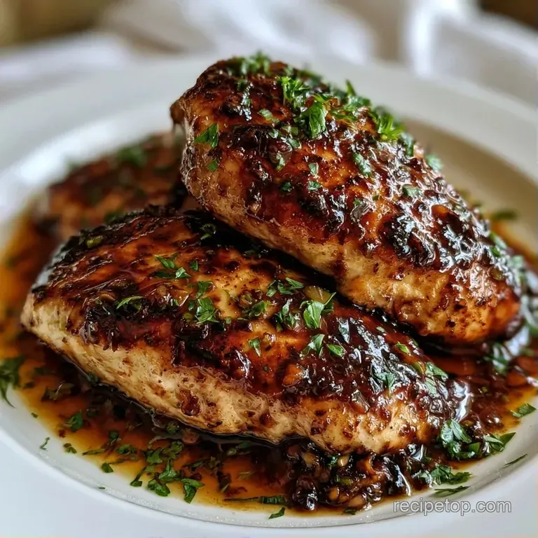 Golden seared chicken breasts on a white platter, drizzled with dark balsamic syrup and garnished with herb sprigs.