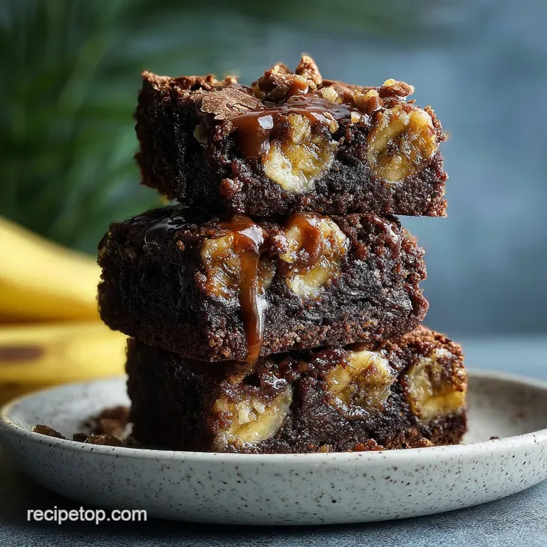 A glistening banana brownie topped with a scoop of vanilla ice cream, drizzled with caramel. Sprinkled with chopped nuts....
