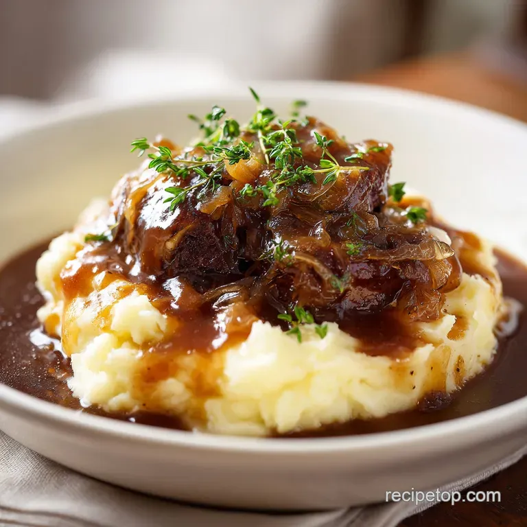 Plated bangers and mash: golden sausages atop fluffy mashed potatoes, glistening gravy pool. Steaming, comforting pub fare...