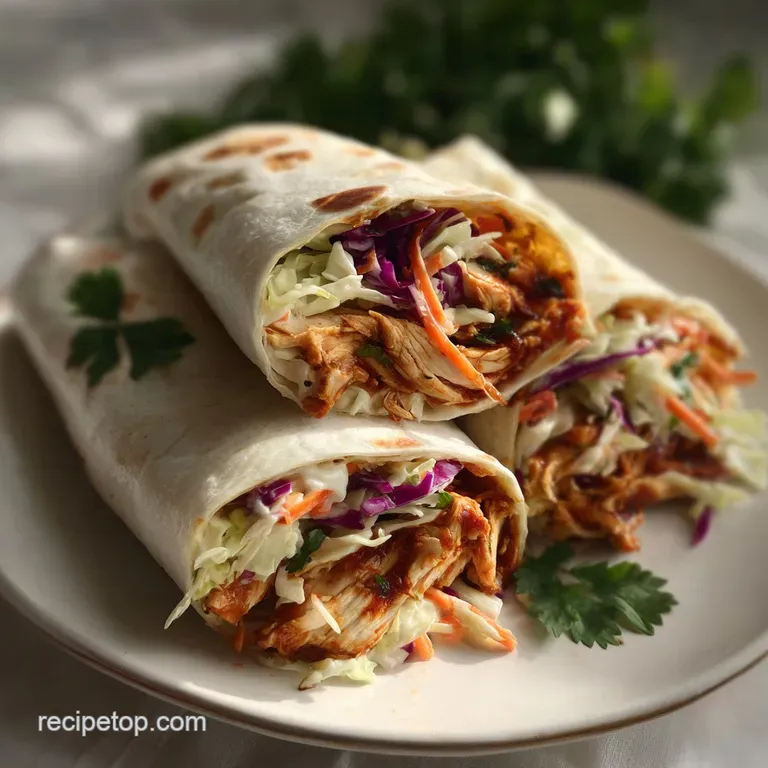 A bright BBQ chicken coleslaw wrap cut in half on a plate. Juicy chicken contrasts with crunchy slaw; smoky BBQ sauce is v...