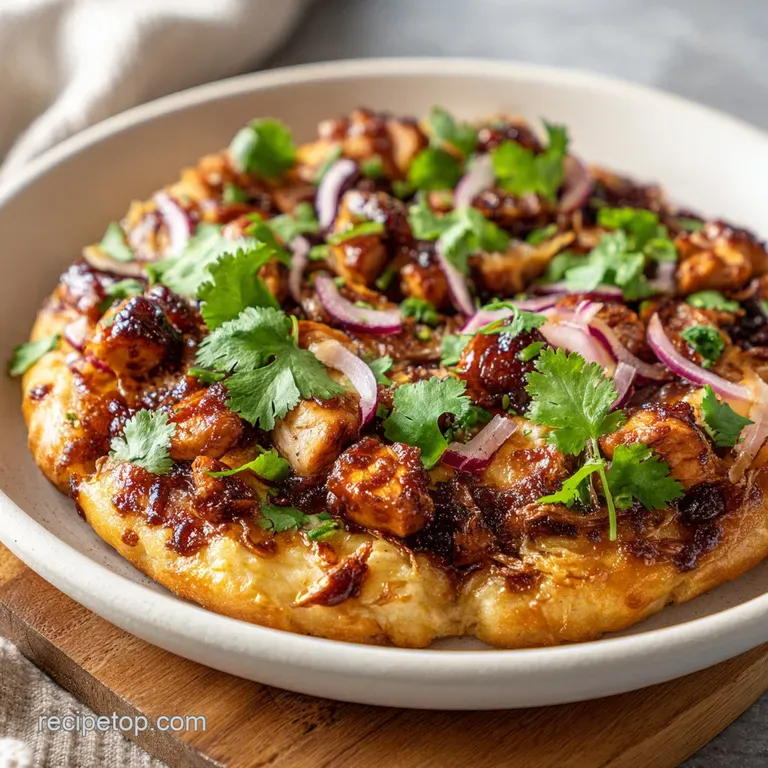 A slice of BBQ chicken pizza, glistening with sauce, served on a rustic wooden board.