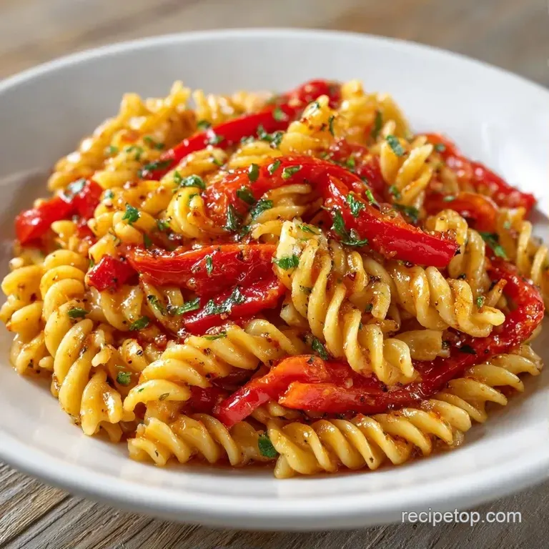 A vibrant pile of spiral pasta mixed with crisp red and yellow peppers, finished with a glossy oil glaze.