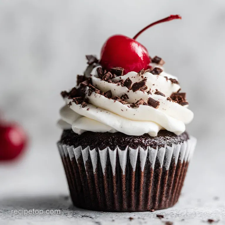 An artfully arranged cupcake on a white plate, dusted with chocolate shavings and a cherry.