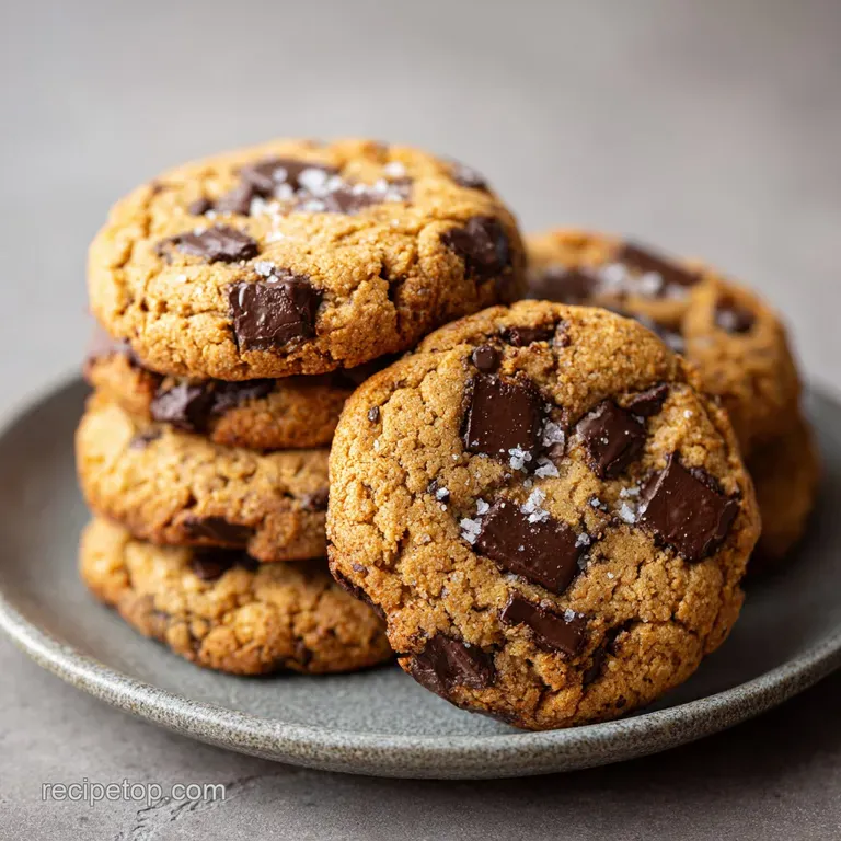 A stack of perfectly baked chocolate chip cookies artfully arranged on a white ceramic plate with a sprinkle of sea salt.