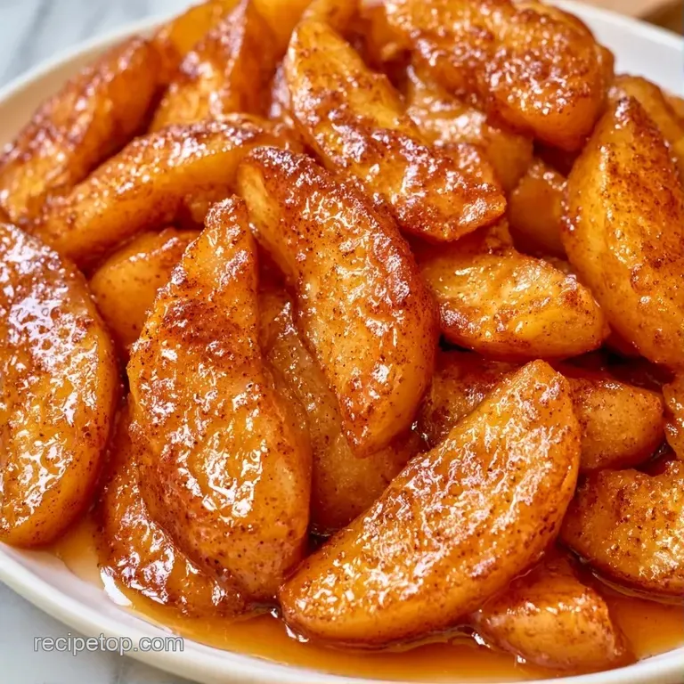 Slices of golden-brown saut&eacute;ed apples arranged on a white ceramic plate with a drizzle of warm cinnamon syrup.