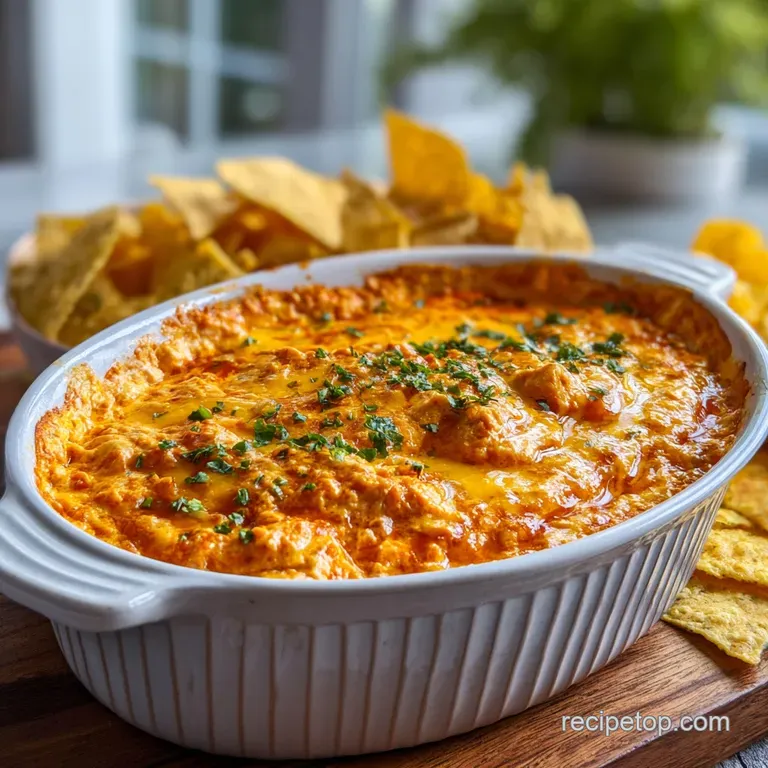 Scoop of buffalo chicken dip oozing off a tortilla chip, highlighting the creamy texture and bits of shredded chicken and ...