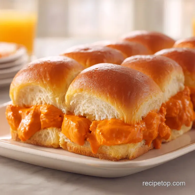 Three mini toasted brioche buns filled with spicy orange chicken and melted cheese, served with crisp celery sticks.