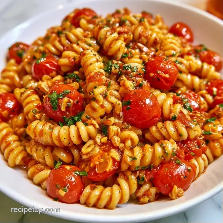 A white ceramic bowl filled with glossy pasta, juicy red tomatoes, and a sprinkle of green herbs under soft light.