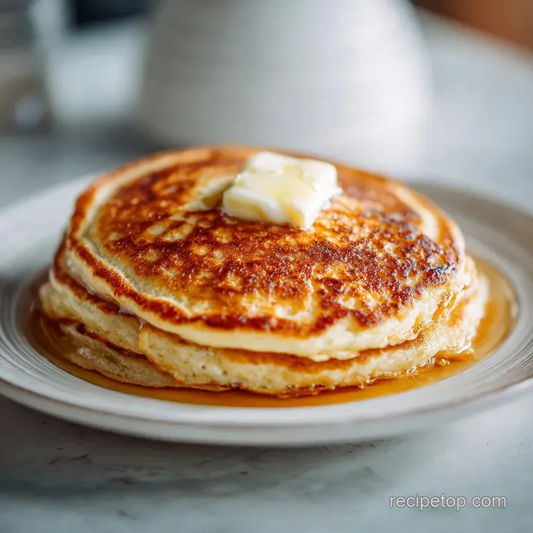 Lightly browned, airy pancakes stacked tall, drizzled with amber syrup on a rustic plate.