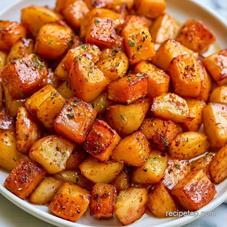 Roasted orange squash and tart apple slices arranged on a white ceramic platter, drizzled with shimmering syrup.