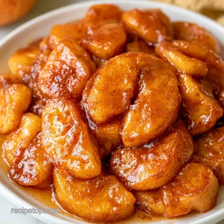Soft, golden-brown apples on a white plate with a glossy caramel drizzle and a dusting of ground cinnamon.