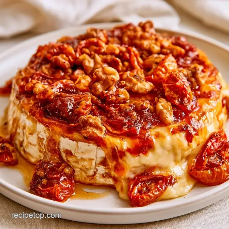 Golden melted cheese topped with blistered red tomatoes, served on a rustic board with crusty toasted bread.