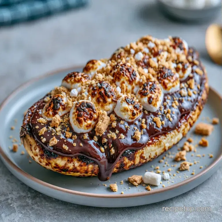 A foil-wrapped banana split open to reveal bubbling dark chocolate and golden-brown toasted marshmallow fluff.