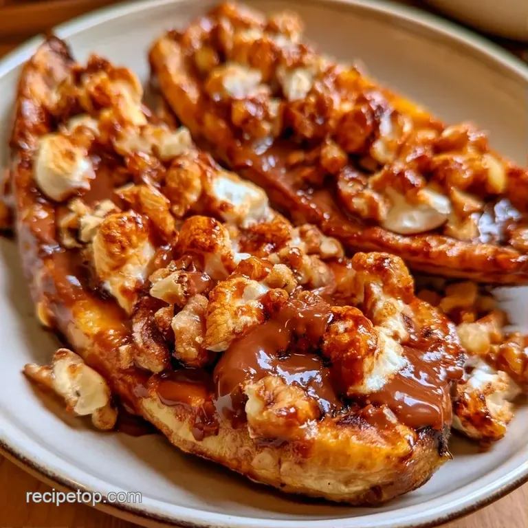 Warm, charred banana halves resting on foil with swirls of whipped cream and a bright red cherry on top.