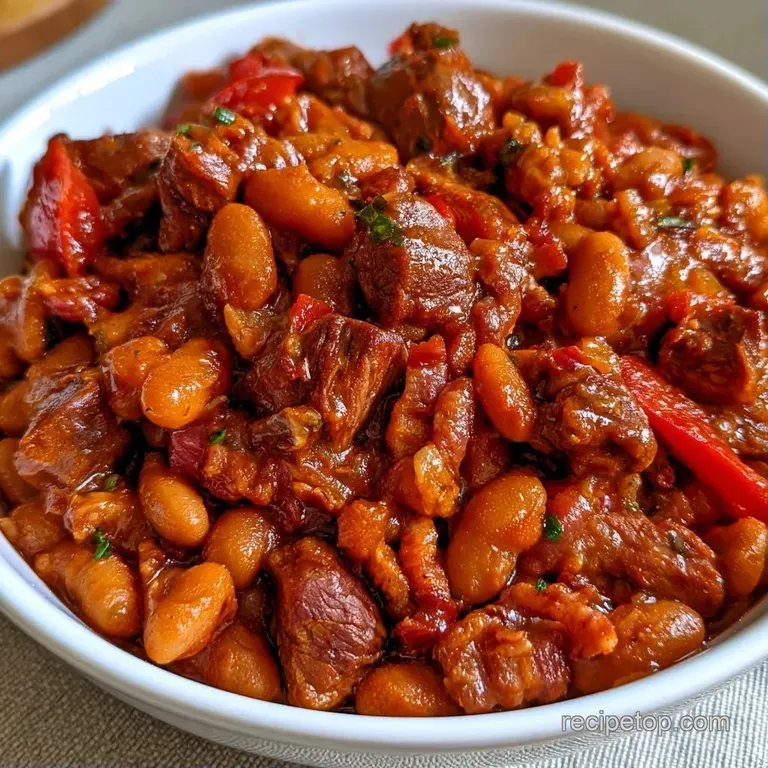 A rustic cast iron skillet of chunky beef and beans, topped with fresh green scallions and bright cilantro.