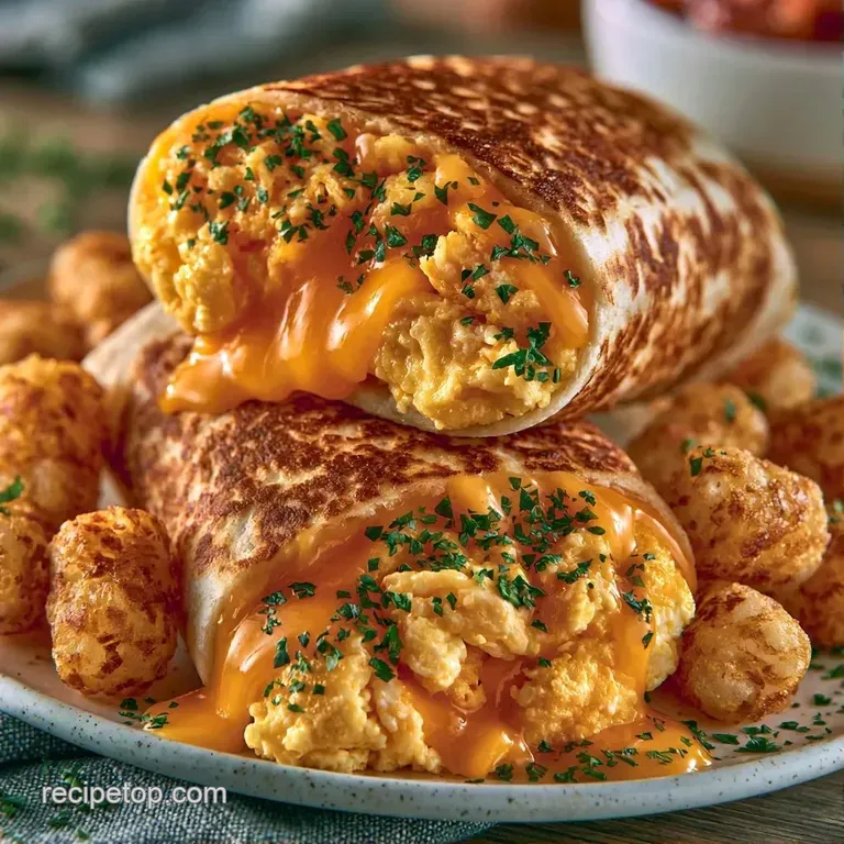 Sliced toasted tortilla wraps showing layers of scrambled eggs, browned sausage, and melted cheddar on a wood board.