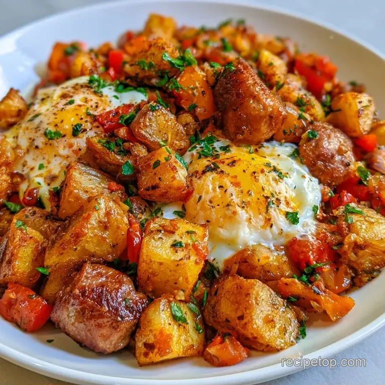 Crispy diced potatoes and saut&eacute;ed vegetables served on a rustic plate with a runny egg yolk dripping over the side.