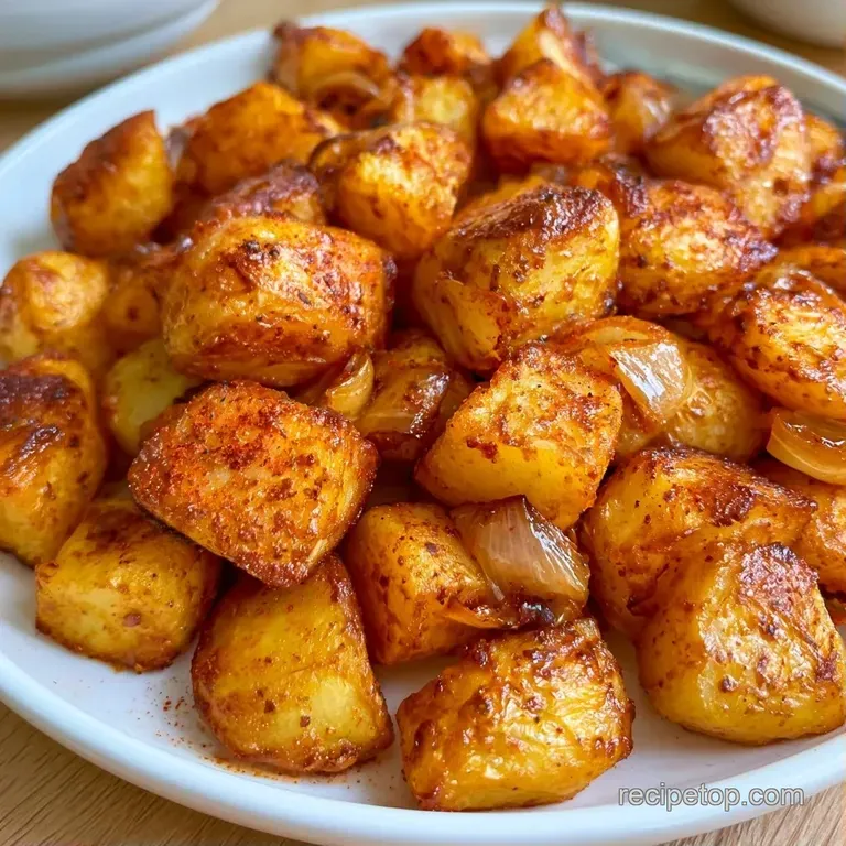 Golden potato cubes piled high on a white ceramic plate, garnished with sliced scallions and cracked black pepper.