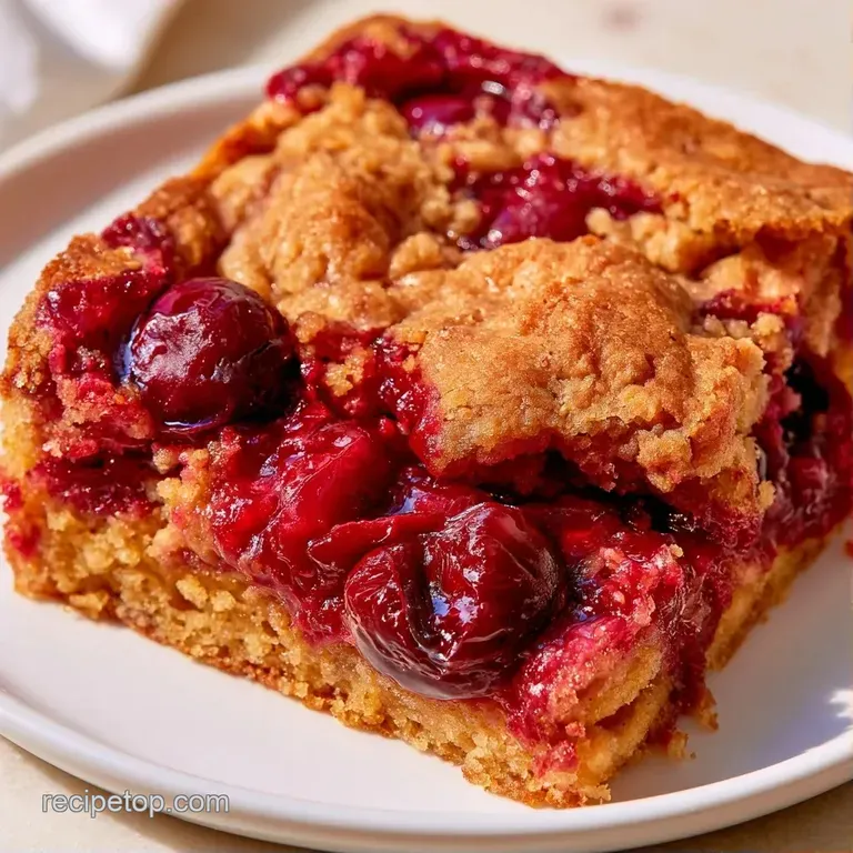 A slice of golden-brown dessert topped with a melting scoop of vanilla ice cream and a bright red cherry garnish.