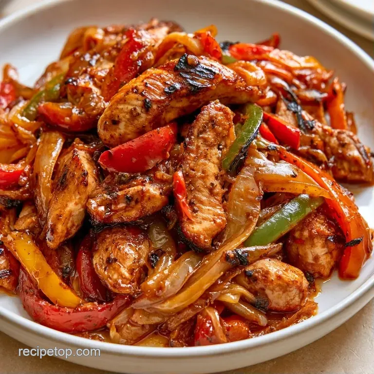 Warm charred chicken and colorful peppers on a platter with fresh lime wedges and sliced avocado on the side.