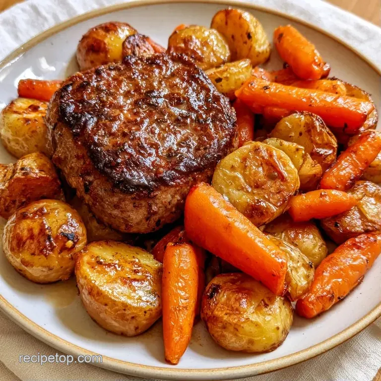 Sizzling beef patty and tender root vegetables glistening with savory juices on a rustic cast iron skillet.
