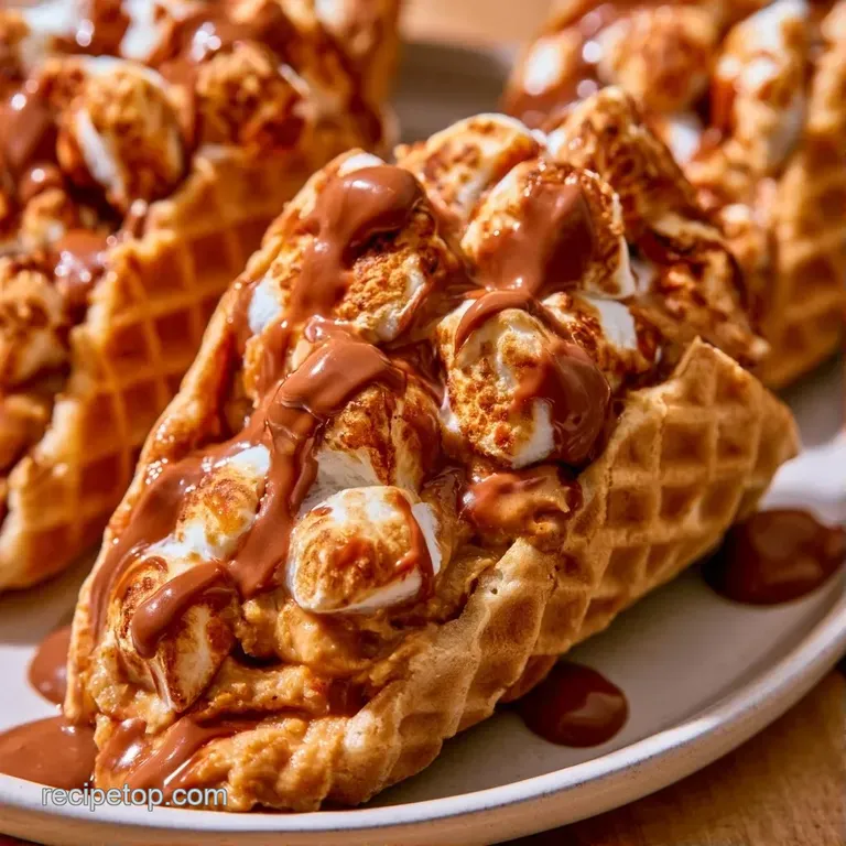 Crispy waffle cones filled with vanilla ice cream and toasted marshmallows arranged on a weathered wooden board.
