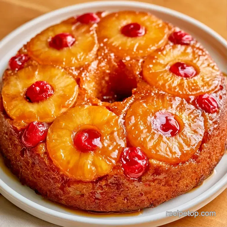 A moist golden slice topped with a glistening pineapple ring and a cherry, served on a clean white ceramic plate.