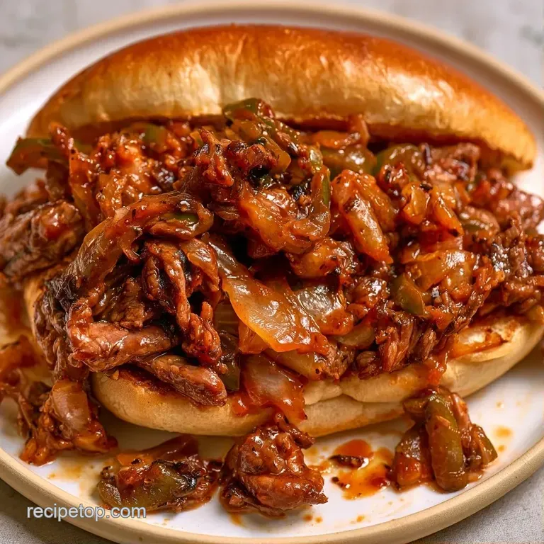 Two toasted buns overflowing with glossy, savory beef mixture paired with crisp green pickle slices on a platter.