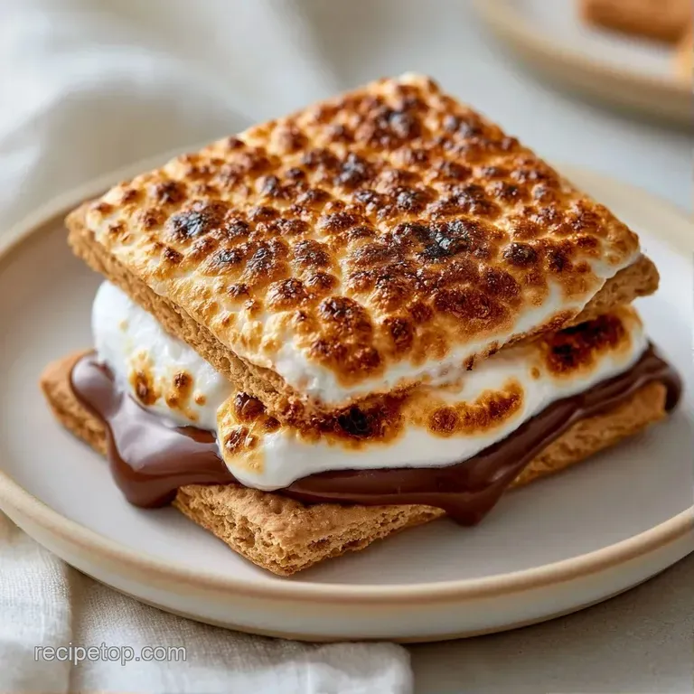 Neatly stacked toasted marshmallows and melted chocolate squares on golden graham crackers over a rustic wood tray.