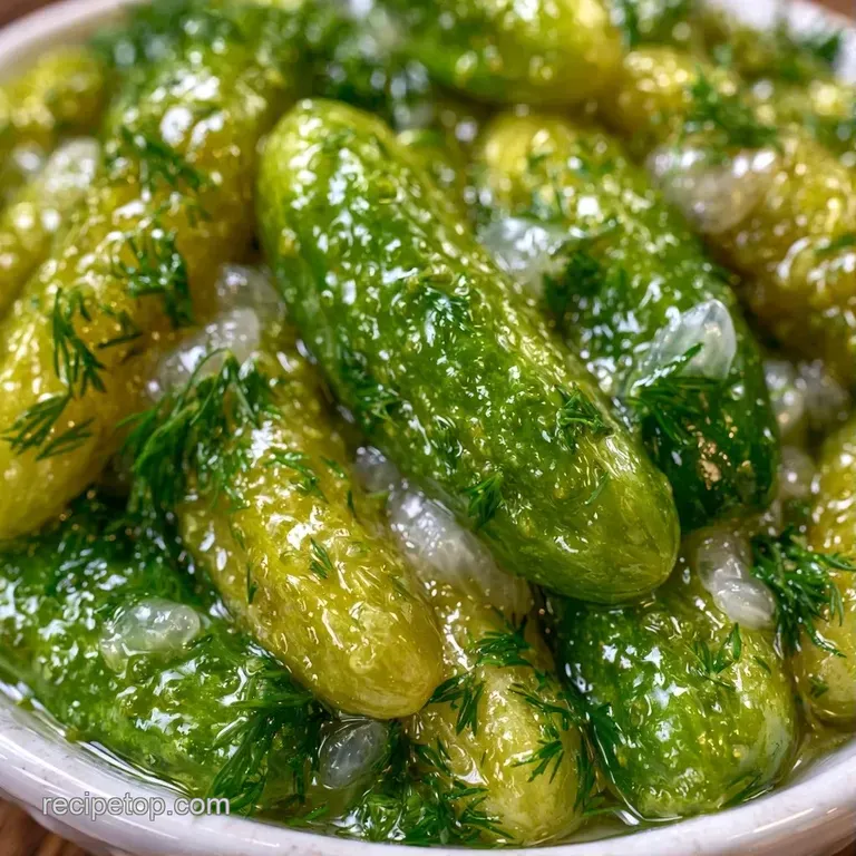 Crunchy green pickle spears arranged on a rustic board with scattered black peppercorns and fresh dill leaves.