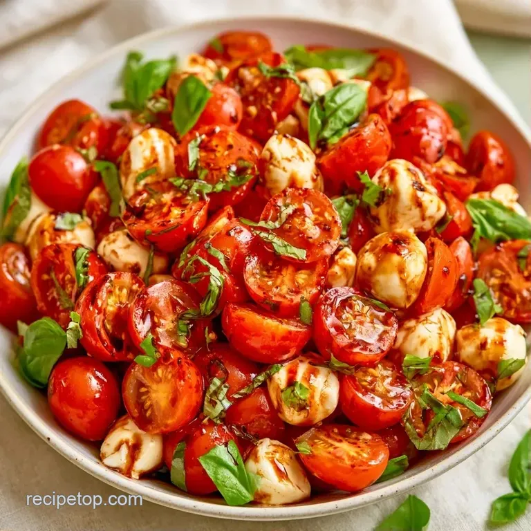Elegant arrangement of glossy red tomatoes and white mozzarella pearls on a white plate with fresh basil accents.
