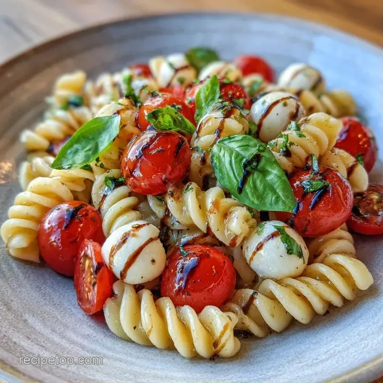 Colorful pasta tossed with red tomatoes and white mozzarella pearls in a white bowl, topped with fresh green basil.