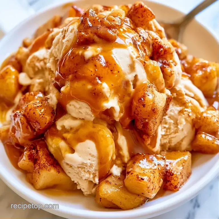 Elegant scoops of chilled cream topped with translucent golden apple slices and a glossy caramel drizzle.