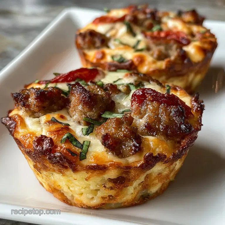 Three golden-brown muffin pizzas sit on a white plate. Bubbling cheese & browned sausage make this a delicious low-carb sn...