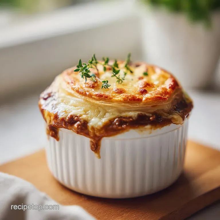 A neat portion of creamy beef casserole on a white plate, topped with melted cheese and a sprig of fresh greenery.