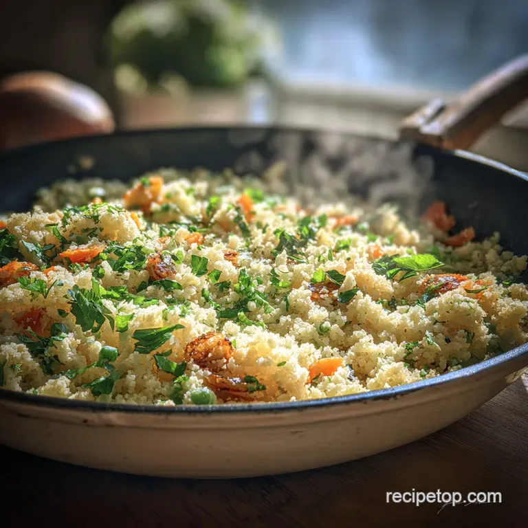 Individual skillet of fluffy cauliflower rice studded with bright vegetables, garnished with herbs and a squeeze of lemon.
