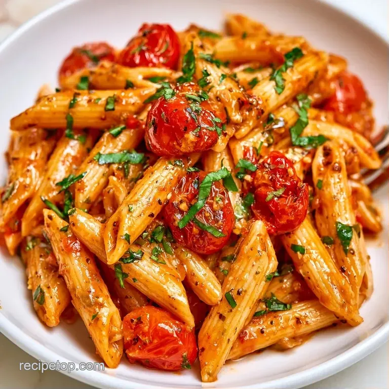 A swirl of pasta on a matte black plate, garnished with vibrant red cherry tomatoes and torn fresh basil leaves.
