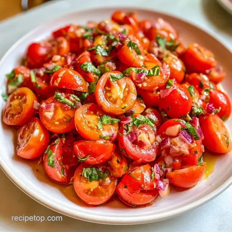 Halved red and yellow cherry tomatoes arranged neatly with torn basil leaves and a drizzle of dark balsamic glaze.