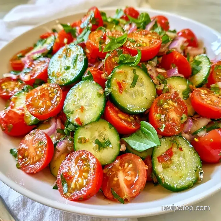 Crisp green cucumber cubes and halved red cherry tomatoes served in a white ceramic bowl with fresh dill sprigs.