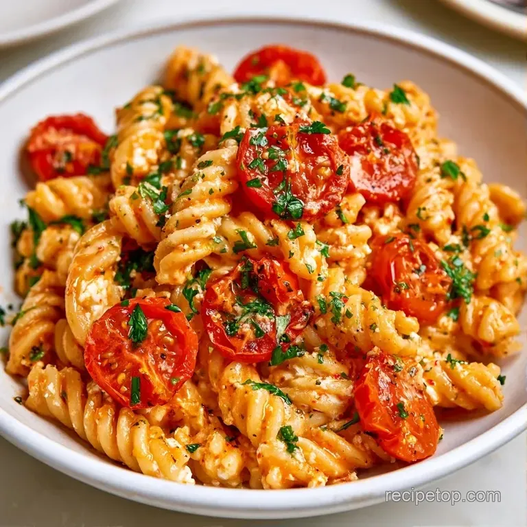 A shallow white bowl of creamy pasta with blistered cherry tomatoes and a sprinkle of fresh green basil leaves.