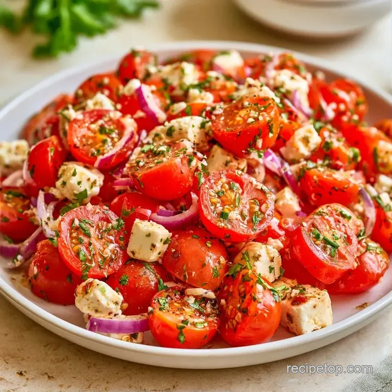 Fresh halved tomatoes and cubed white feta arranged on a white ceramic platter with a sprinkle of green basil leaves.