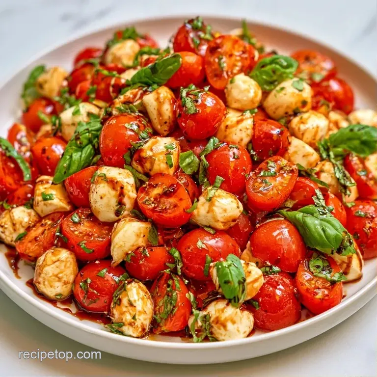 Elegant arrangement of red tomato halves and white cheese balls topped with fresh basil on a minimalist ceramic plate.