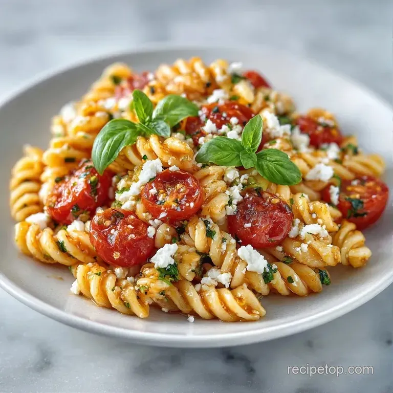 Vibrant pasta toss with red cherry tomatoes and fresh green basil served in a minimalist white ceramic bowl.