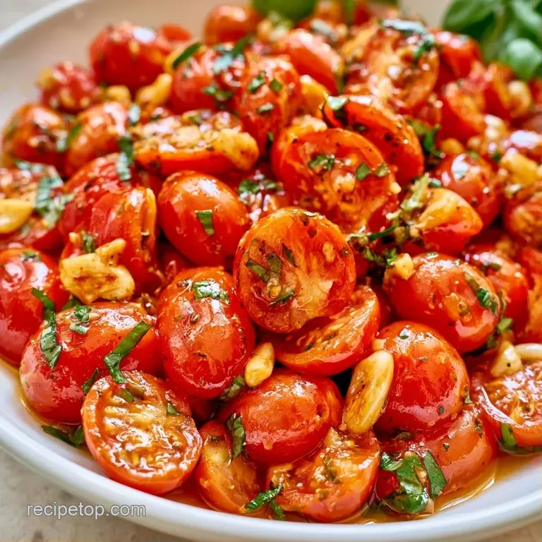 Glossy red tomato reduction drizzled over al dente pasta, topped with shaved parmesan and a sprig of green basil.