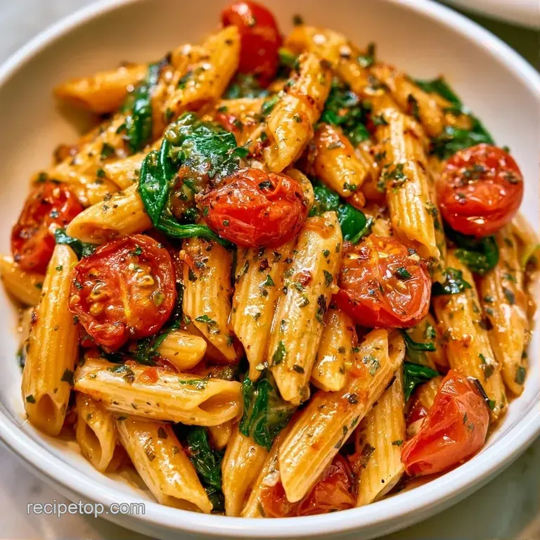 A twirl of glossy noodles topped with blistered cherry tomatoes and fresh spinach, served in a shallow ceramic bowl.