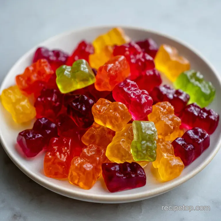 Vibrant vegan gummy bears arranged artfully in a small glass dish, light catching their translucent surfaces. A playful an...