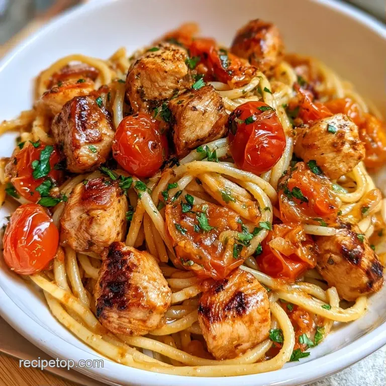 Elegant plating of tender pasta and golden chicken, accented by bright red tomatoes and fresh green basil leaves.