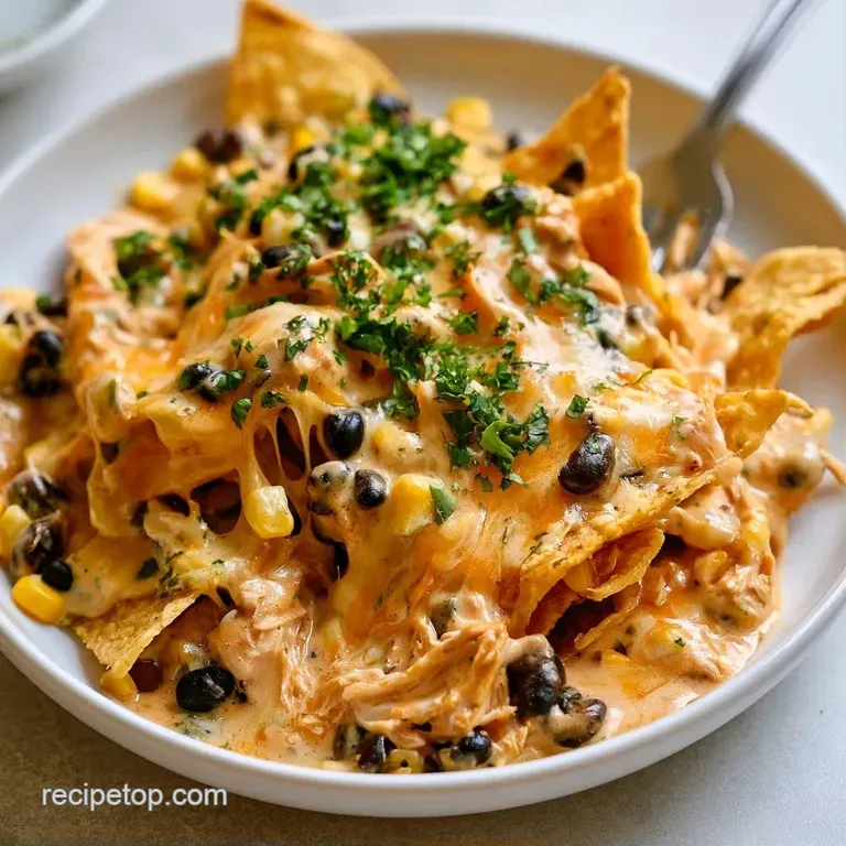 Heaping pile of crispy corn chips topped with bubbly cheese, savory beans, and a dollop of cool white sour cream.